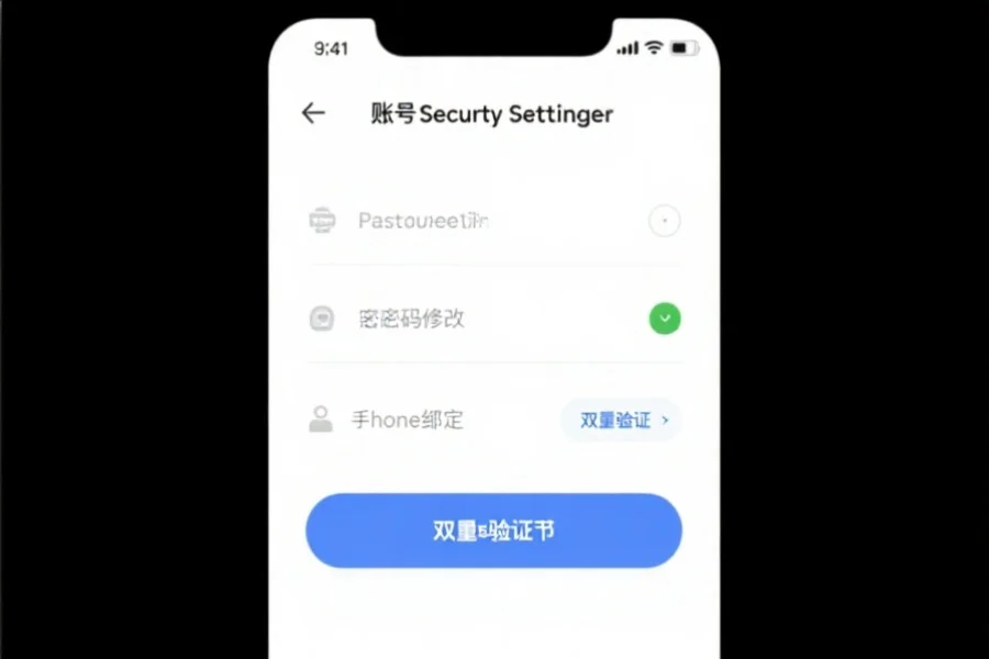 简洁的用户界面截图，突出展示账号安全设置选项，例如密码修改、手机绑定和双重验证按钮